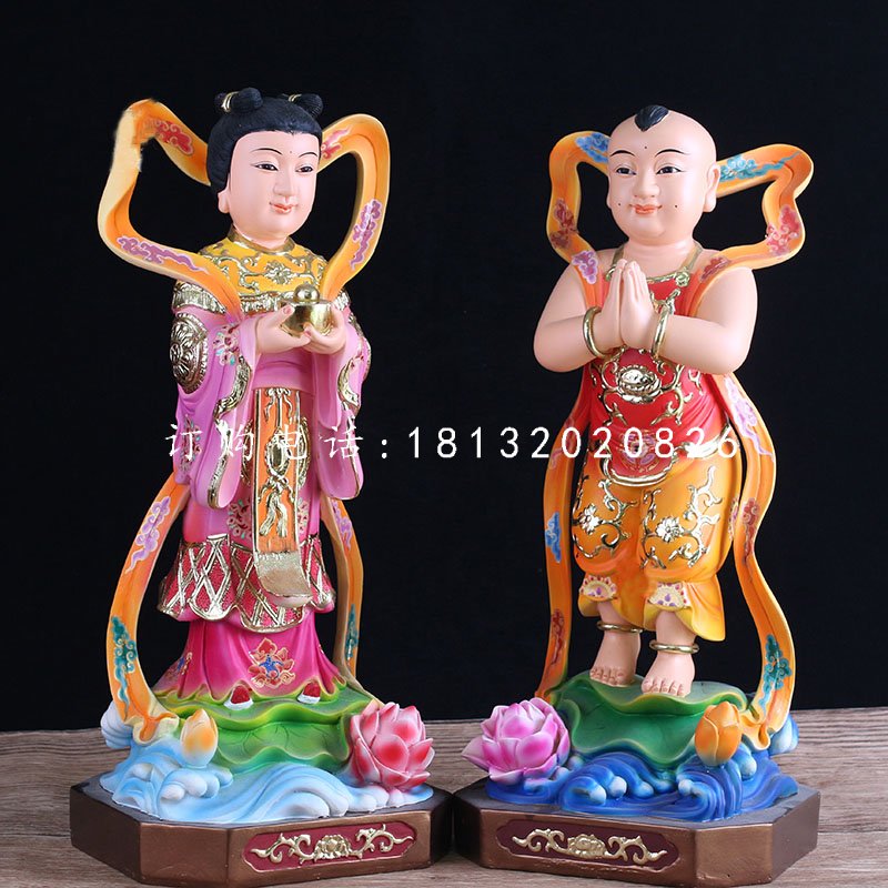 玻璃鋼善財(cái)童子龍女雕塑，彩繪神像雕塑