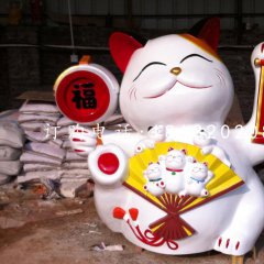 玻璃鋼招財貓，卡通動物雕塑，商場景觀雕塑