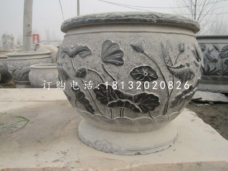 荷花鯉魚石浮雕水缸，青石仿古水缸