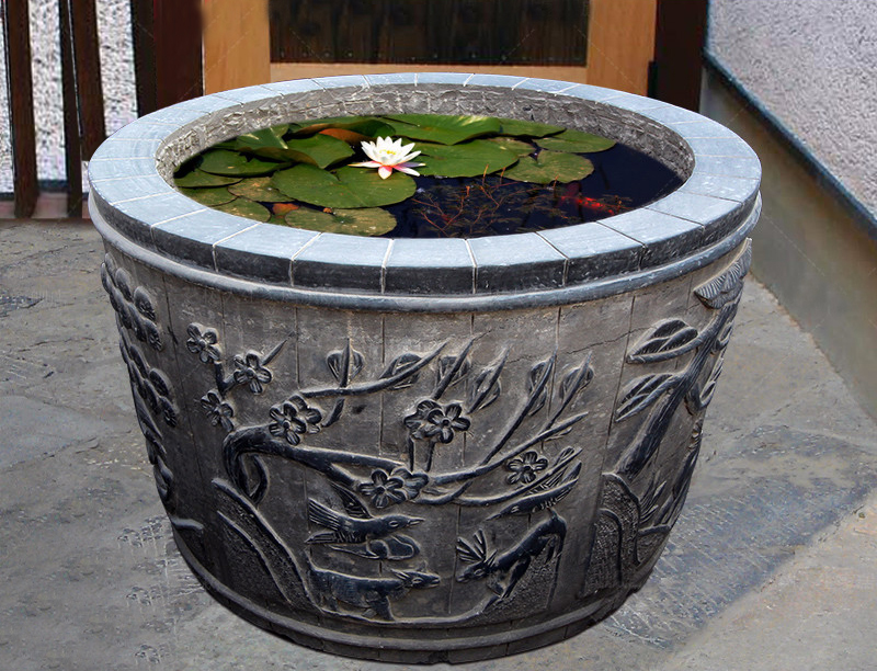 梅花喜鵲石浮雕魚(yú)缸，庭院擺件石雕