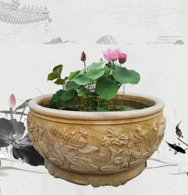 荷花鯉魚(yú)浮雕魚(yú)缸，石雕魚(yú)缸