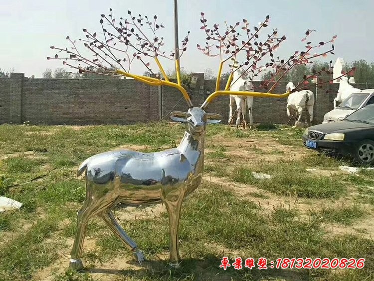 公園動(dòng)物雕塑，不銹鋼鏡面鹿雕塑