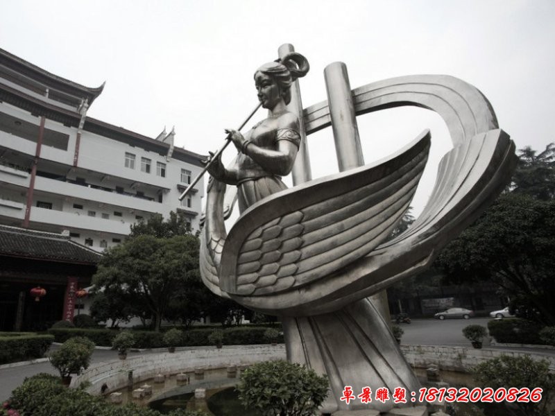 古代美女吹笛子雕塑，不銹鋼人物雕塑