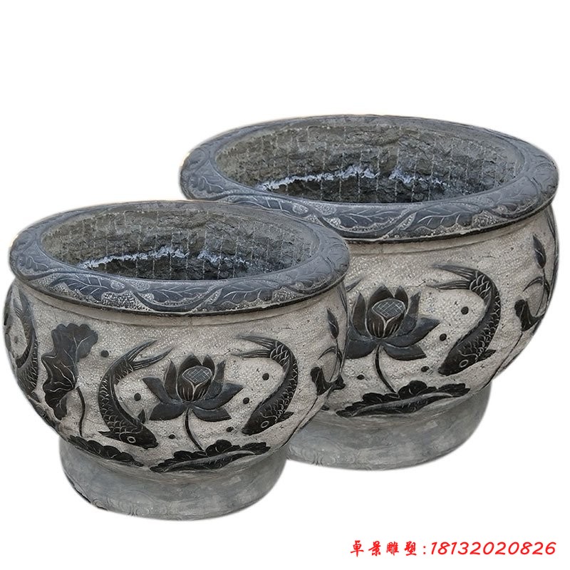 鯉魚(yú)荷花石浮雕水缸庭院景觀石雕 (2)