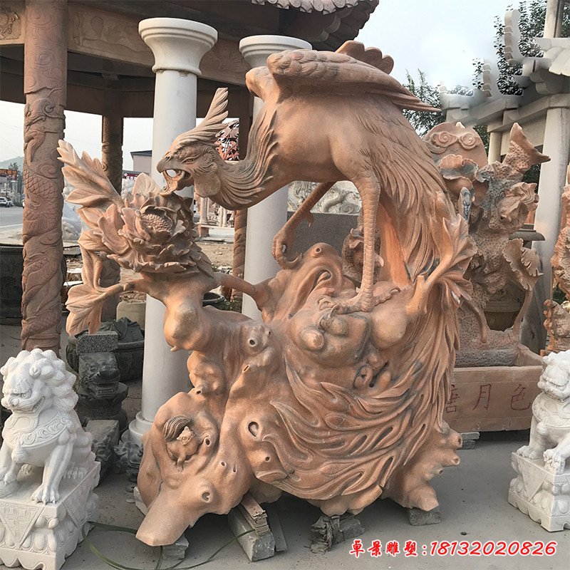 鳳凰牡丹石雕，晚霞紅景觀石雕[1]