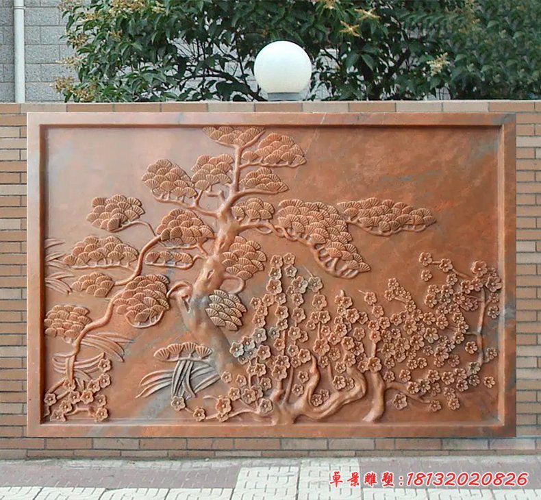晚霞紅松梅壁畫浮雕，園林景觀石雕[1]