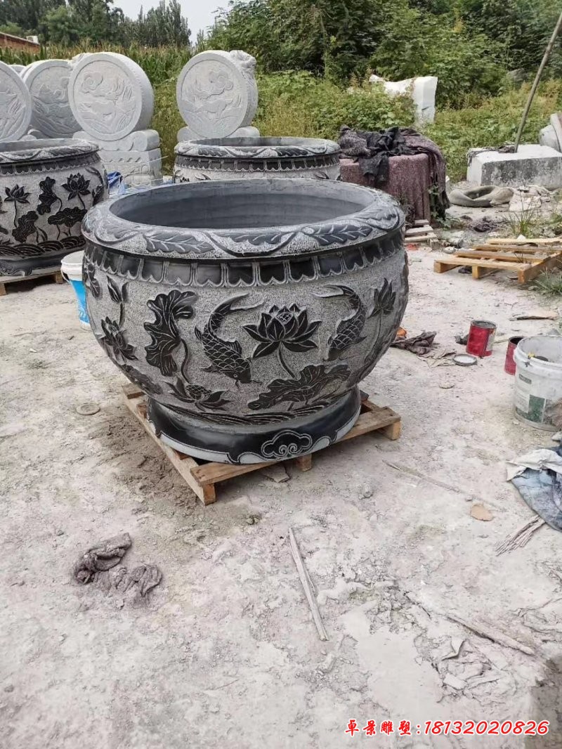 青石鯉魚(yú)荷花浮雕水缸
