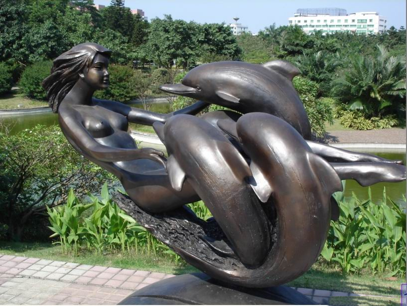 公園景觀銅雕，美女與海豚銅雕