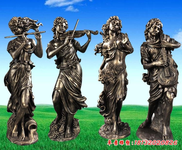 吹拉彈唱人物雕塑，玻璃鋼仿銅人物
