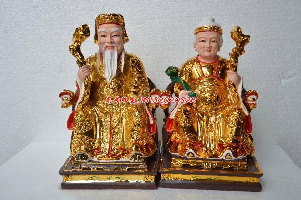 土地公土地婆雕塑，玻璃鋼貼金神像雕塑