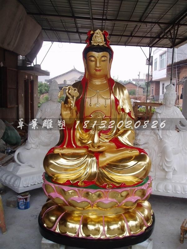 坐式觀音雕塑，玻璃鋼貼金彩繪觀音