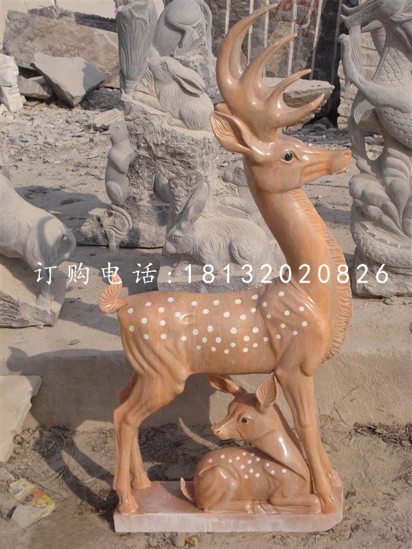 梅花鹿石雕，晚霞紅母子鹿石雕