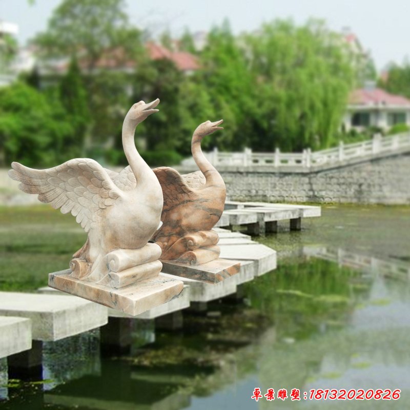 晚霞紅噴水天鵝，公園景觀石雕 (2)