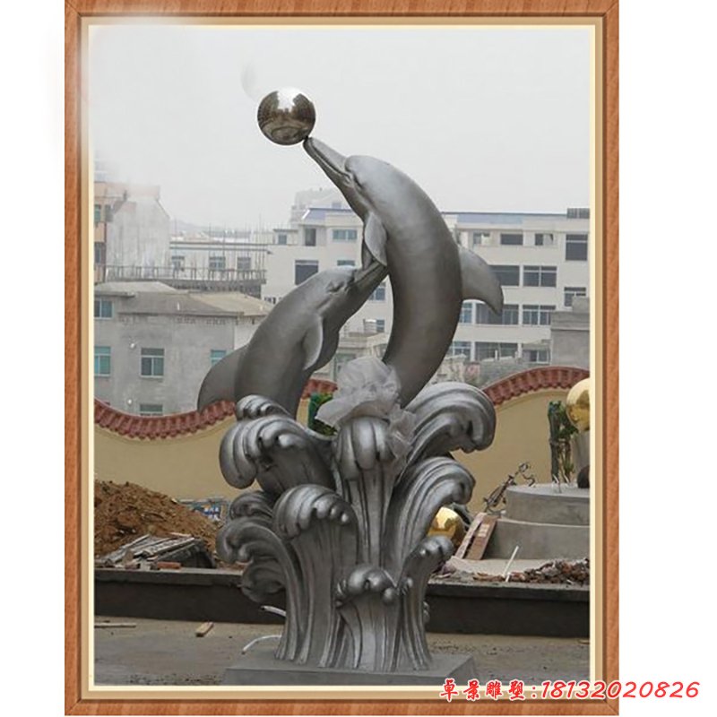海豚頂球雕塑，公園不銹鋼景觀雕塑