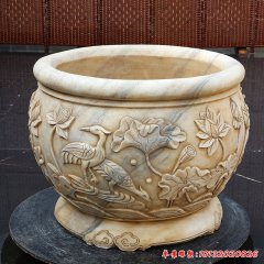 荷花仙鶴水缸石雕